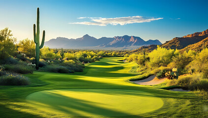 Fototapeta premium Golf Course Oasis: An expansive golf course with verdant fairways and a backdrop of majestic mountains under a clear, azure sky, showcasing the harmony of sport and nature.