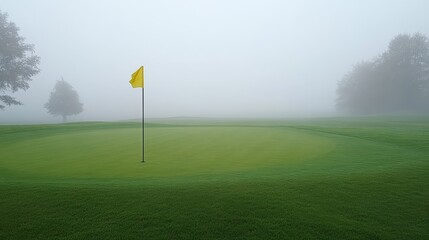 Obraz premium Golf course wrapped in morning fog, vibrant yellow flag contrasting against lush grass, mysterious horizon fading into the mist