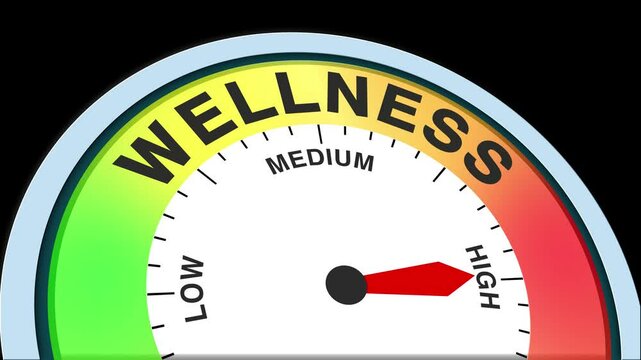 Wellness Level Text or Word Low and Medium to High Meter Concept Animation on Black Background and Blue Screen