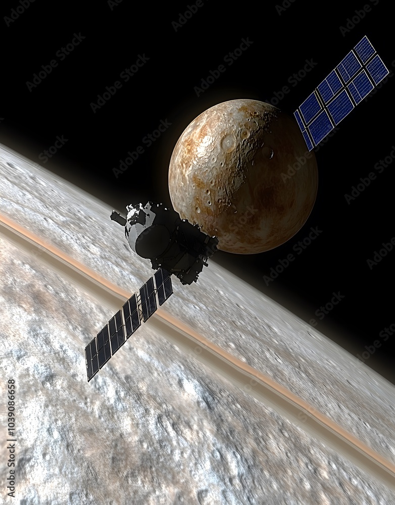 Poster a spacecraft orbits a celestial body, highlighting exploration in space.