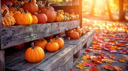 Colorful pumpkins displayed on a wooden stand during autumn season.