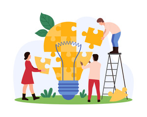 Teamwork to create project, partnership for ideas to solve business problems, creativity. Tiny people build light bulb puzzle in team, contribute to creation of solution cartoon vector illustration
