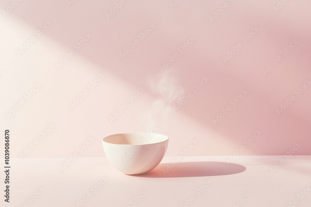 Poster a delicate tea cup releases smooth steam, creating a tranquil atmosphere on a gentle pink background