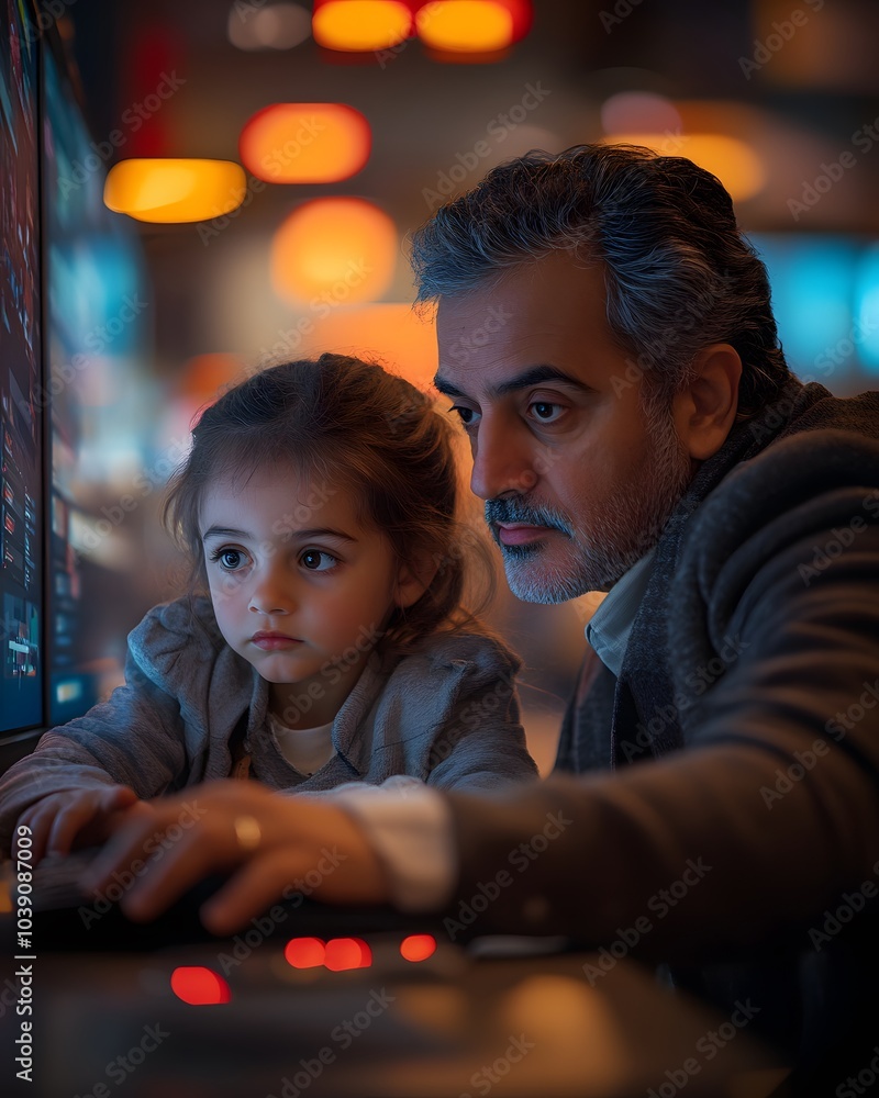 Poster a man and a child engaged in a focused activity at a computer in a dimly lit environment.