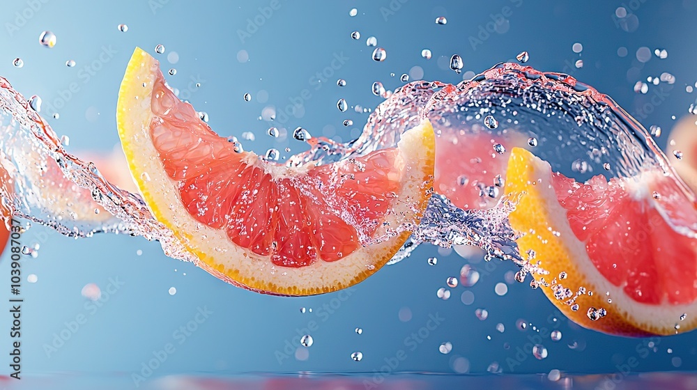 Canvas Prints   A grapefruit cut in half with water splashing out of it and a hand holding a slice of grapefruit