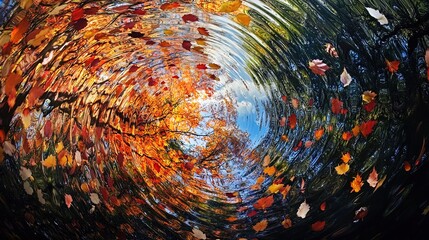 The image captures a serene autumn scene, where vibrant orange, red, and yellow leaves float gently on the surface of rippling water. The effect creates a mesmerizing swirl that conveys a sense of mov