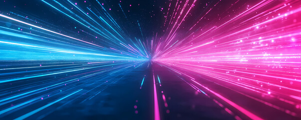 Abstract background with light beams and glowing lines in shades of dark blue, pink, and purple. Big data visualization. Digital technology concept.