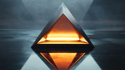 Floating metal triangle, glowing with soft warm light, casting a reflection on the black polished ground, surreal modern sculpture, digital art, high detail, clean geometry