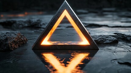 Floating metal triangle, glowing with soft warm light, casting a reflection on the black polished ground, surreal modern sculpture, digital art, high detail, clean geometry