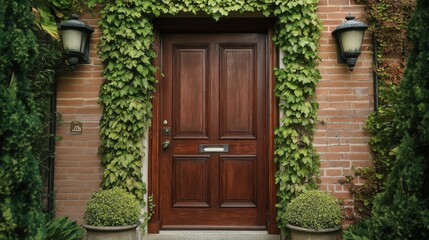 Wooden entrance door with simple traditional brown style