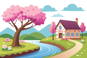  A house in the riverside a road going in the river . a chere blasom tree beautiful scenery