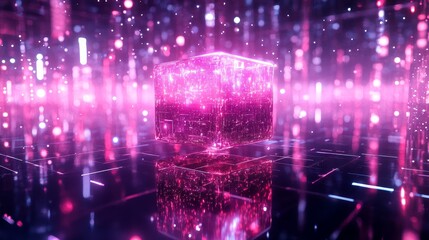 Obraz premium Floating metallic cube above a mirrored floor in a futuristic room filled with glowing holograms and distorted reflections, cyberpunk style, purple neon light