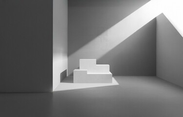 Obraz premium A white room with three white platforms, bathed in sunlight coming from a high window.