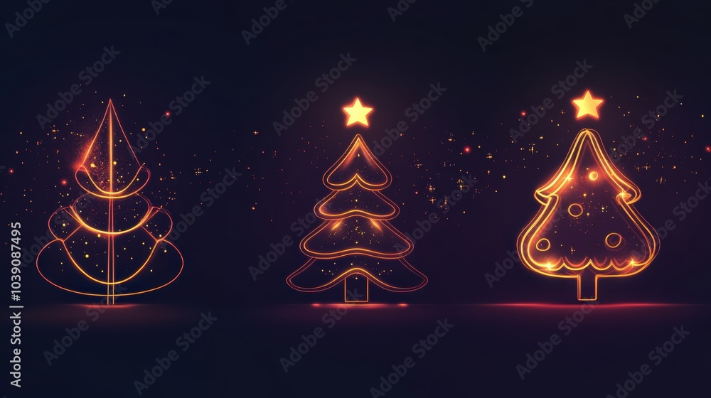 Poster Delicate glowing lines form minimalist Christmas trees and ornaments, creating a festive atmosphere against a dark backdrop. Generative AI