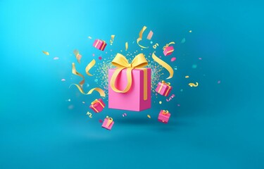 Fototapeta premium Pink gift box with a yellow bow and ribbon, floating amidst confetti and streamers on a blue background.