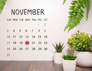Wood calendar with date. Saturday 20 November