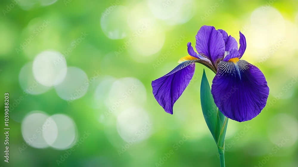 Poster   A blurry purple flower on a green leaf background with a soft bokeh light