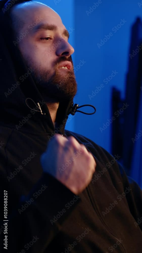 Poster vertical video hacker excited after finally developing zero day exploit undetectable by antivirus so