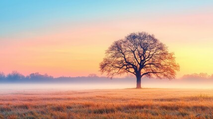 Fototapeta premium Lone tree at sunrise in a serene landscape with soft colors and mist.
