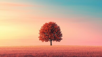 Lonely tree under colorful sky during sunset in a tranquil landscape.