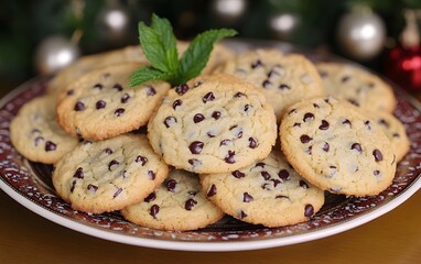 A plate of chocolate chip cookies garnished with mint, perfect for sharing and enjoying.