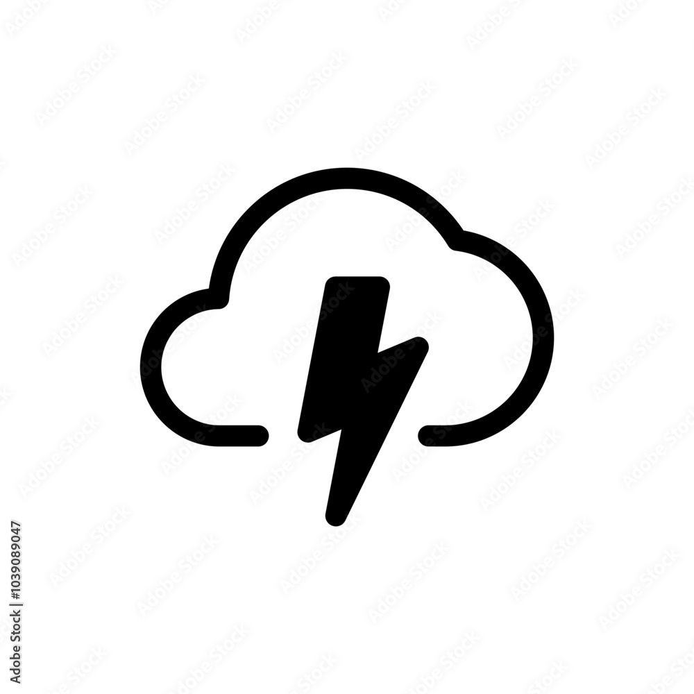 Poster cloud with lightning bolt icon, flash thunder clouds icon