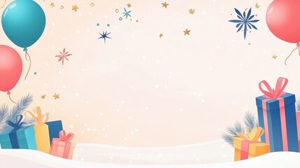 Festive Holiday Celebration with Balloons and Gift Boxes in a Winter Wonderland Setting
