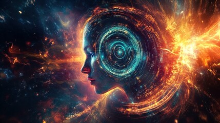 Fototapeta premium A futuristic portrait of a female figure, her silhouette gracefully merging with vibrant cosmic elements. Bright swirls of orange, blue, and golden light emanate from the background, creating a sense 