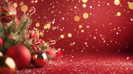 Festive Christmas decorations vibrant red backdrop joyful holiday atmosphere seasonal celebration