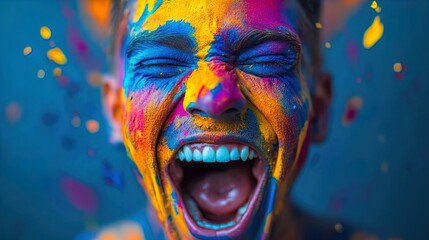 Obraz premium A young man is captured mid-laugh, his face covered in vibrant splashes of colored powder, including shades of blue, yellow, and orange. The background is a soft gradient of blue, enhancing the vividn
