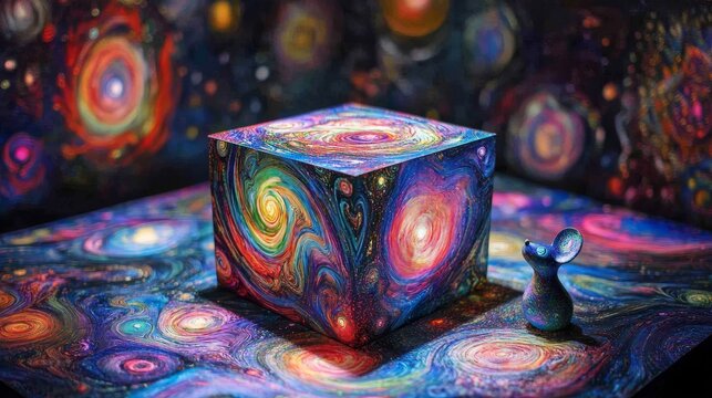 Psychedelic bagasse food box surrounded by colorful swirls, with a holographic mouse next to it, glowing light trails and abstract patterns, vibrant, fantasy, surrealism