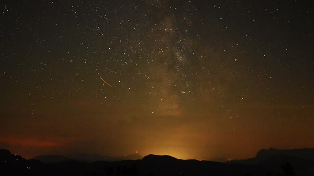 timelapse of milky way at Chiemgau alps with view towards Kitzbuehler Horn and Wilder Kaiser, Tyrol, Austria