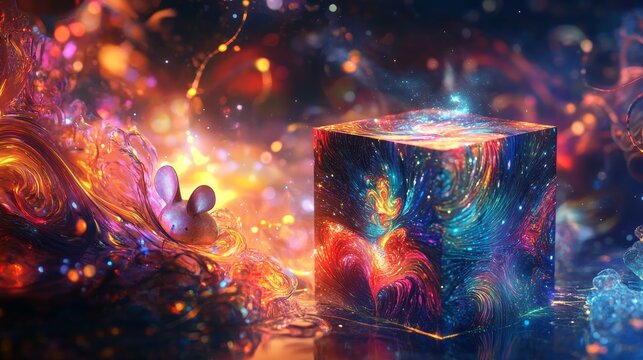 Psychedelic bagasse food box surrounded by colorful swirls, with a holographic mouse next to it, glowing light trails and abstract patterns, vibrant, fantasy, surrealism
