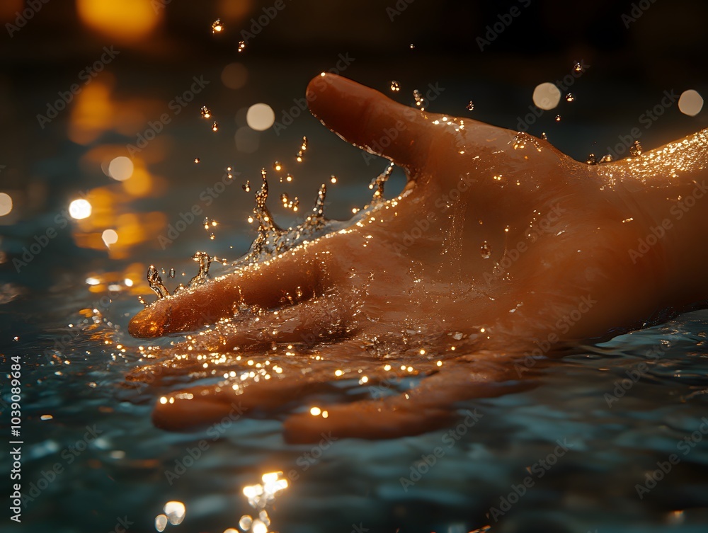 Poster a hand splashes water, creating a sparkling effect in a serene environment.