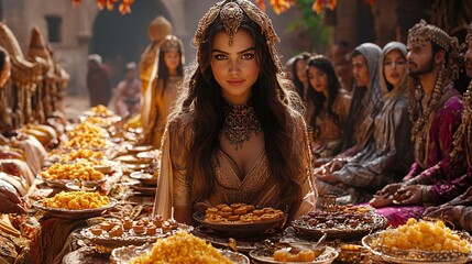 a woman is standing in front of a tray of food with other people in the background.