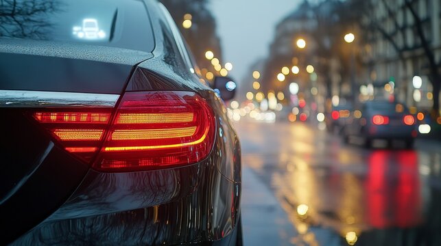 Rear view camera on luxury sedan, close-up shot, precision parking assist displayed, digital screen reflection, urban background