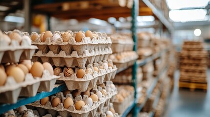 Rows of neatly stacked biodegradable egg cartons in a warehouse, warm earthy colors, highlighting sustainability in packaging