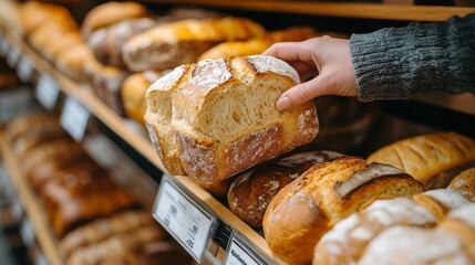 Rustic supermarket shelves filled with fresh bread varieties, a hand picking up a golden loaf, subtle textures of the bakery items catching the eye