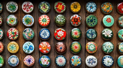 Colorful Floral Buttons on Wooden Background