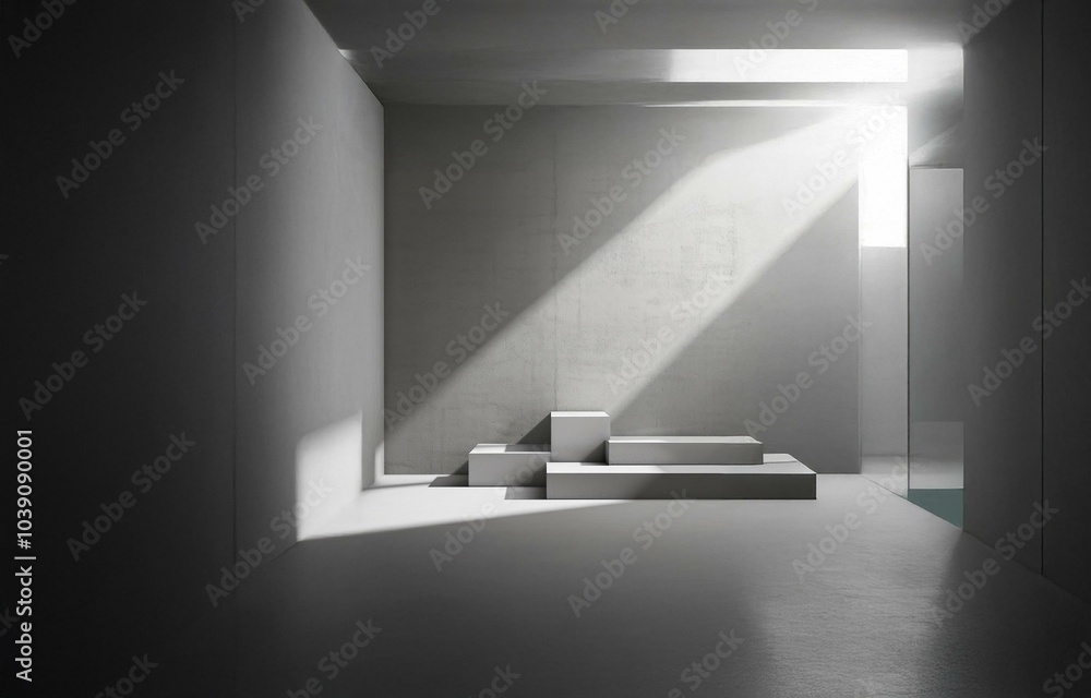 Poster empty room with a single window and a platform made of stacked rectangles.