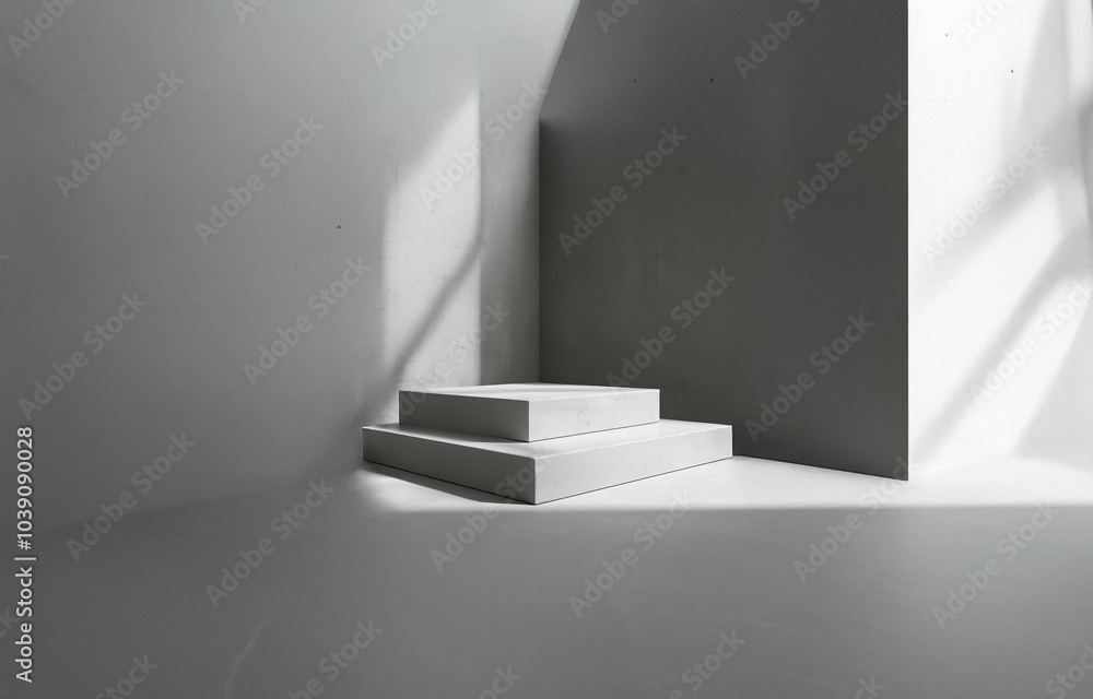 Aufkleber a two-step platform sits in a corner of a room with large windows creating shadows on the walls and 