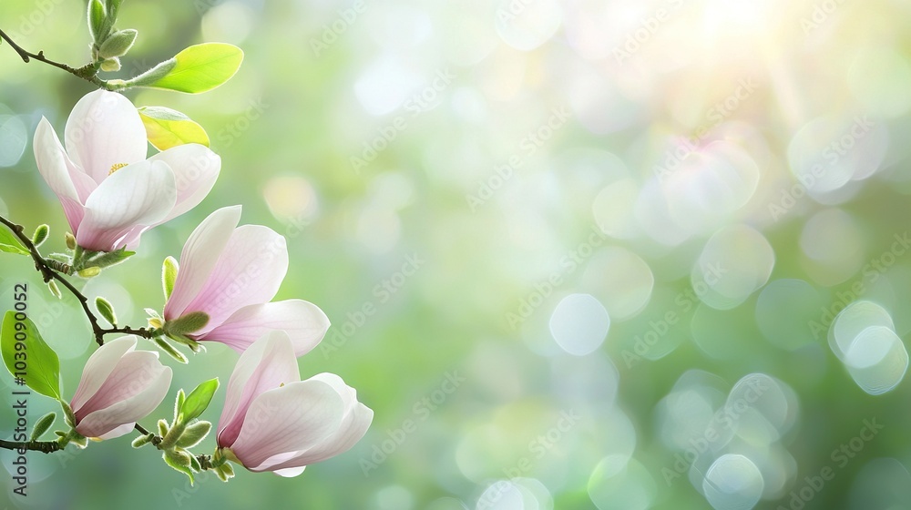 Sticker  A tree with pink flowers in the foreground and green leaves in the background