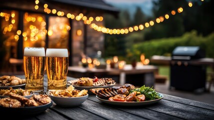 Outdoor dining with beer and assorted dishes under festive lights.