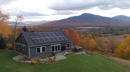 Fototapeta premium Modern Home with Solar Panels in Autumn Landscape