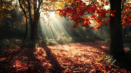 Obraz premium The image captures a serene autumn forest scene, illuminated by soft, golden rays of sunlight filtering through the trees. The ground is covered in a rich blanket of fallen leaves in various shades of