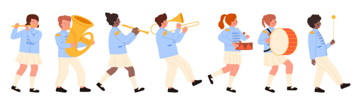 Kids march in parade and play musical instruments set. Cute children walk in line with trumpet and horn, trombone and drum, happy musicians in uniform playing in orchestra cartoon vector illustration