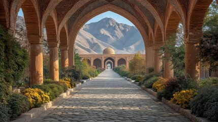 Obraz premium Serene pathway through arches leading to a mountain backdrop.