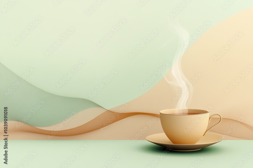 Poster a cup of tea emits gently swirling steam, set on a saucer with a calming pastel backdrop that create