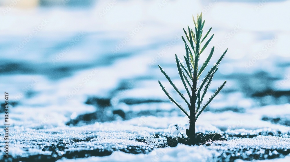 Sticker   A small tree emerges from the snow-covered ground in the center of the landscape