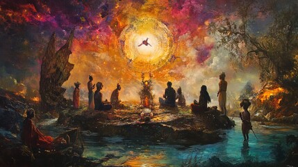 Fototapeta premium The image depicts a vibrant, cosmic scene featuring a group of individuals gathered around a central luminous orb, which radiates golden light and is surrounded by a colorful nebula of swirling purple